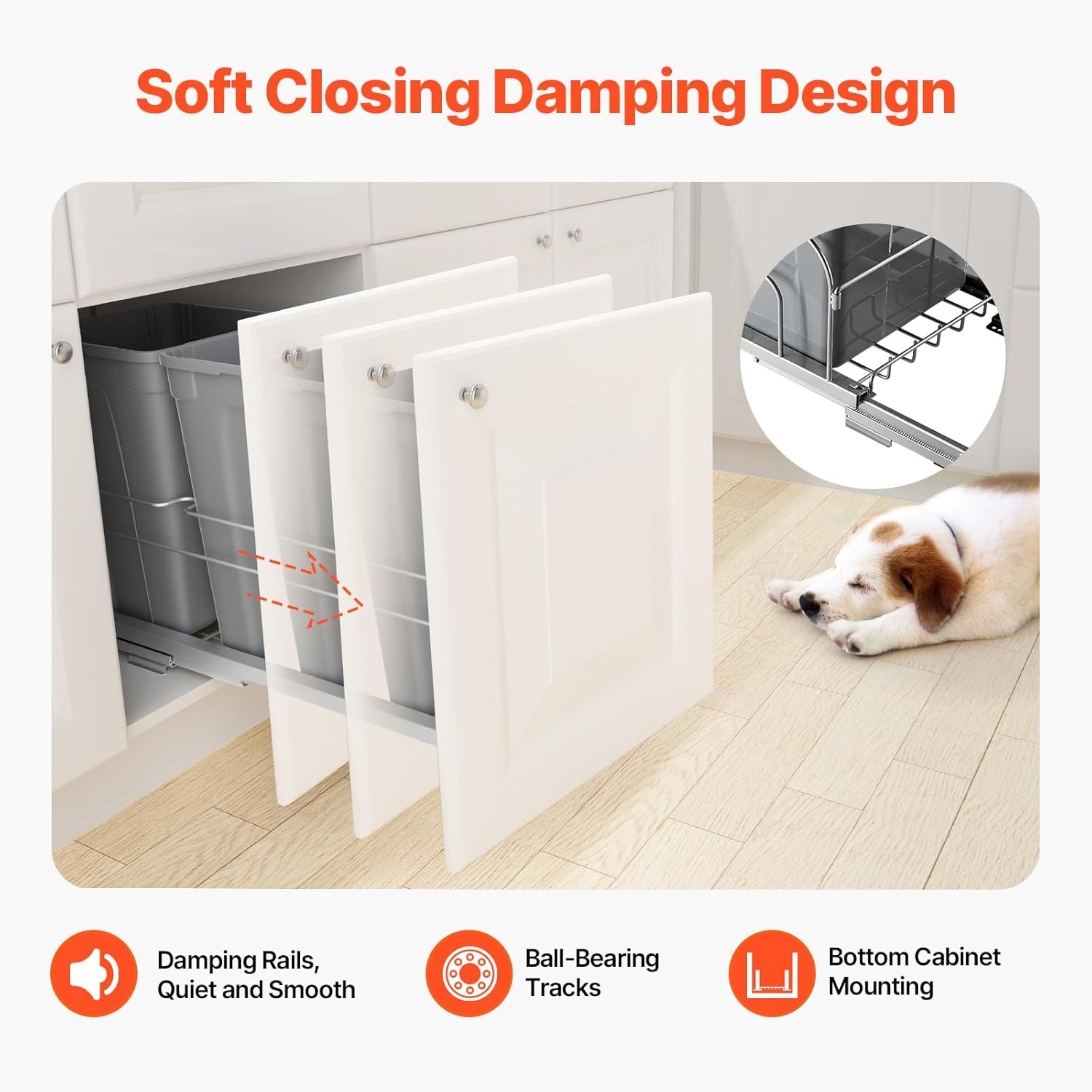 VEVOR Pull-Out Trash Can, 27 QT x2 Double Under Mount Kitchen Waste Container, Heavy Duty Garbage Recycling Bin with Door Kit and Soft Close Slide, for Kitchen Cabinet, Sink, Under Counter (Grey)